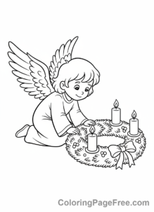 Advent Wreath coloring page - Angel near wreath
