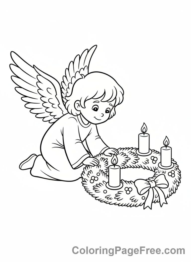 Advent Wreath coloring page - Angel near wreath