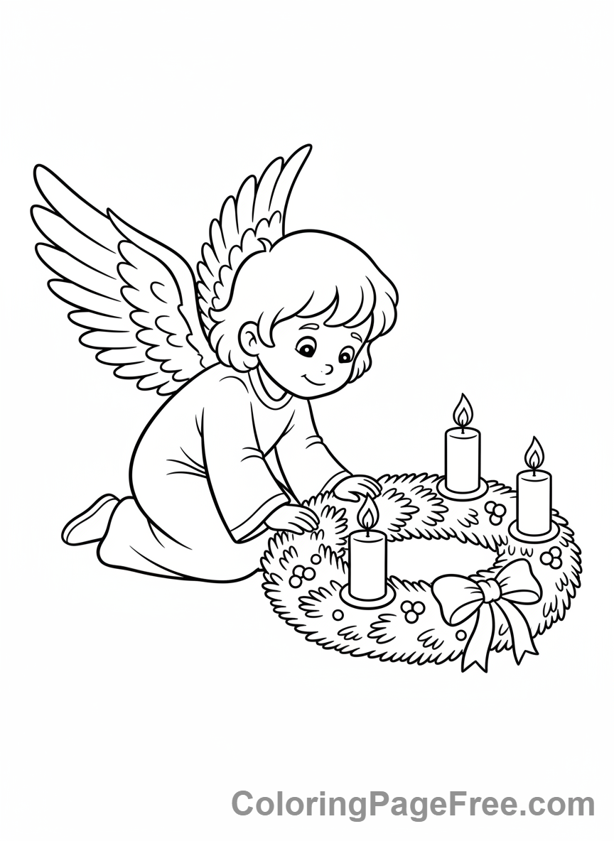 Advent Wreath coloring page - Angel near wreath