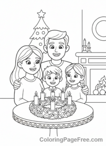 Advent Wreath coloring page - Family around wreath