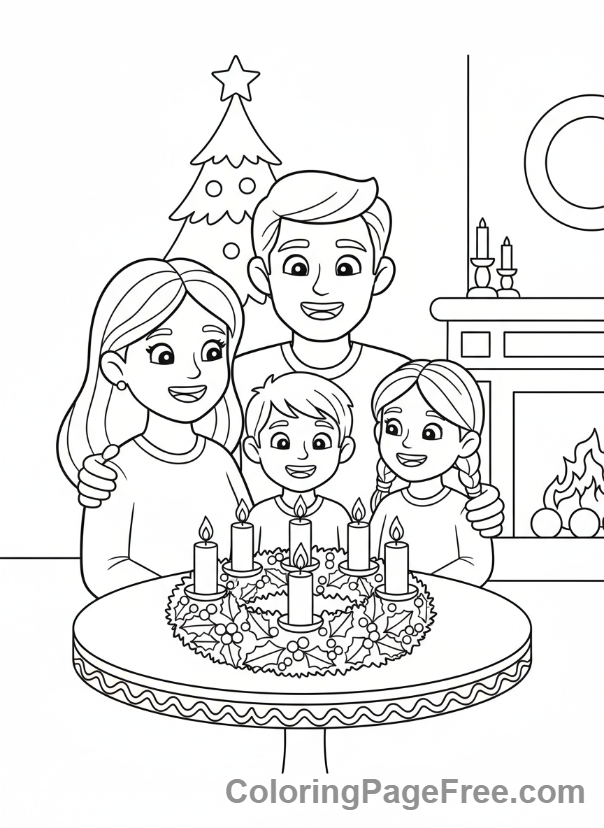 Advent Wreath coloring page - Family around wreath