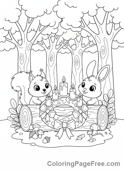 Advent Wreath coloring page - Forest animals wreath