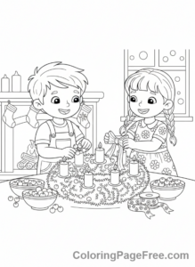 Advent Wreath coloring page - Kids decorating wreath
