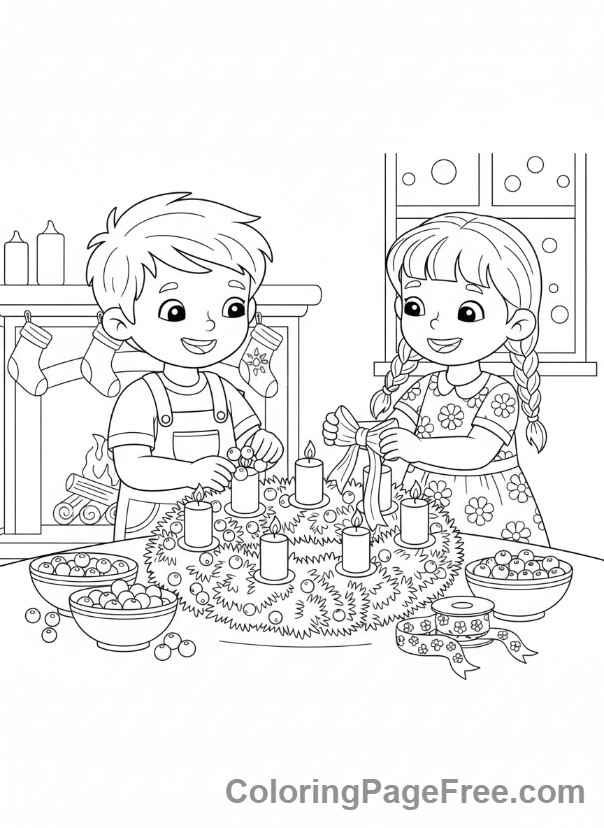 Advent Wreath coloring page - Kids decorating wreath