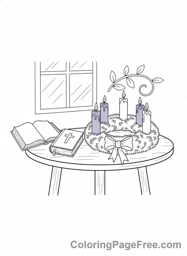 Advent Wreath coloring page - Wreath on table