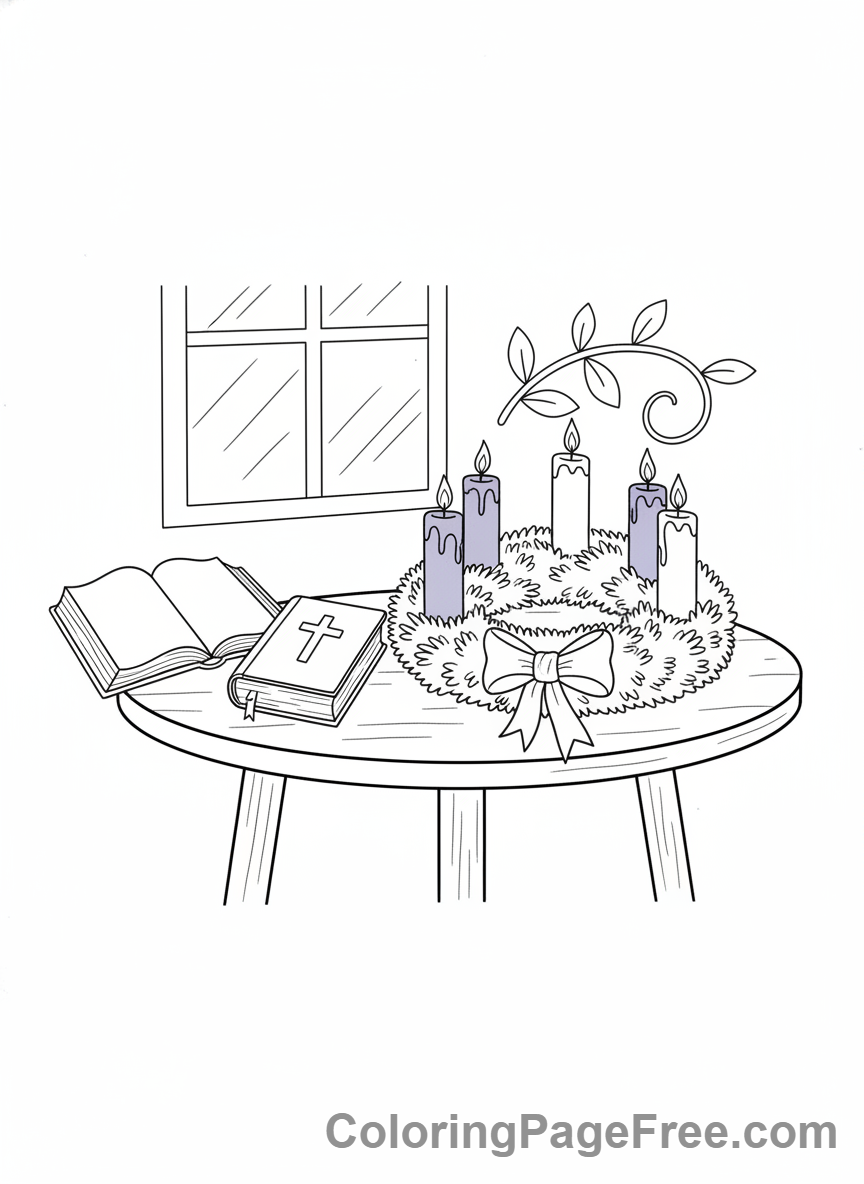 Advent Wreath coloring page - Wreath on table