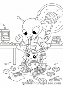 Alien coloring page - Alien building robot action