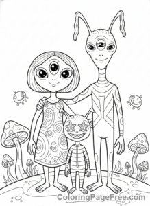 Alien coloring page - Alien family portrait