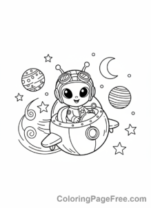 Alien coloring page - Alien flying spaceship action