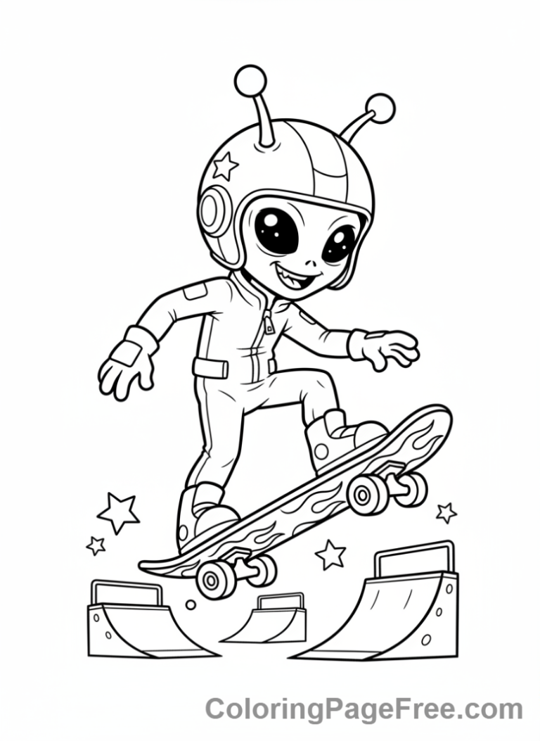Alien coloring page - Alien on skateboard full-body