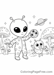 Alien coloring page - Alien playing pet full-body