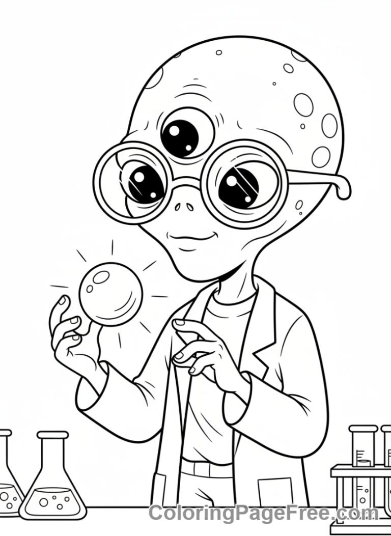 Alien coloring page - Alien scientist examining close-up