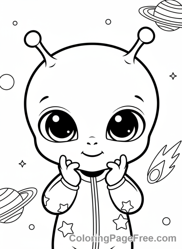 Alien coloring page - Baby alien smiling close-up