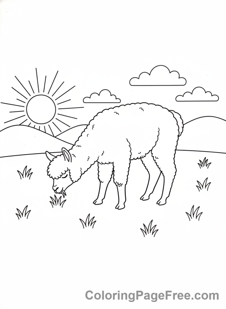 Alpaca coloring page - Alpaca grazing field
