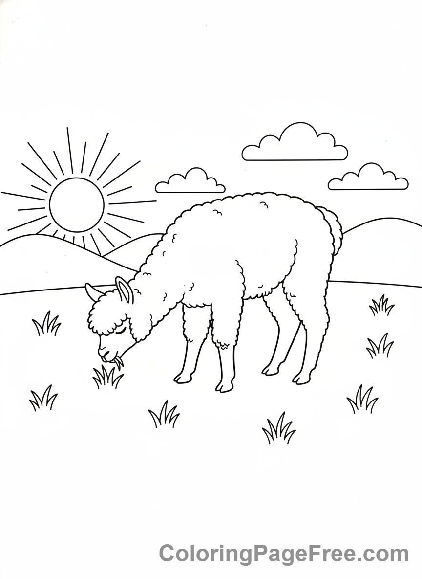 Alpaca coloring page - Alpaca grazing field