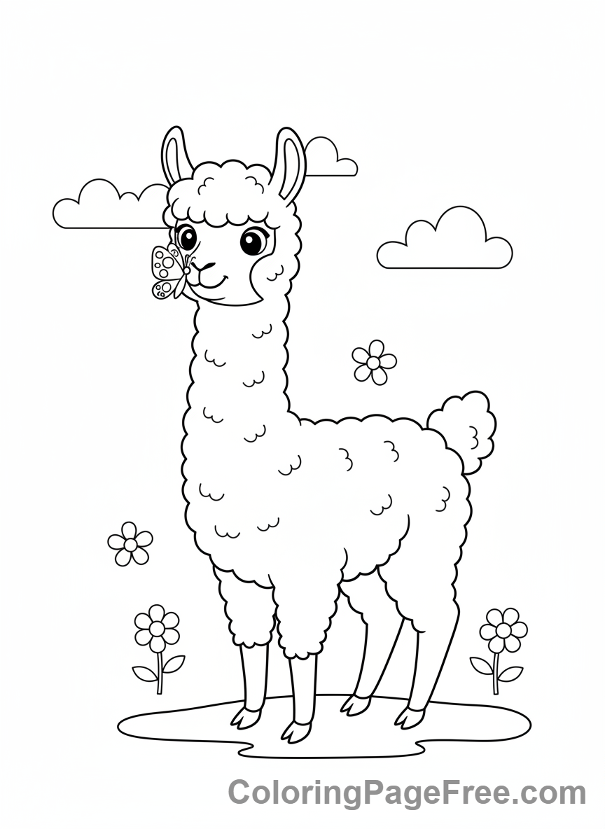 Alpaca coloring page - Alpaca with butterfly