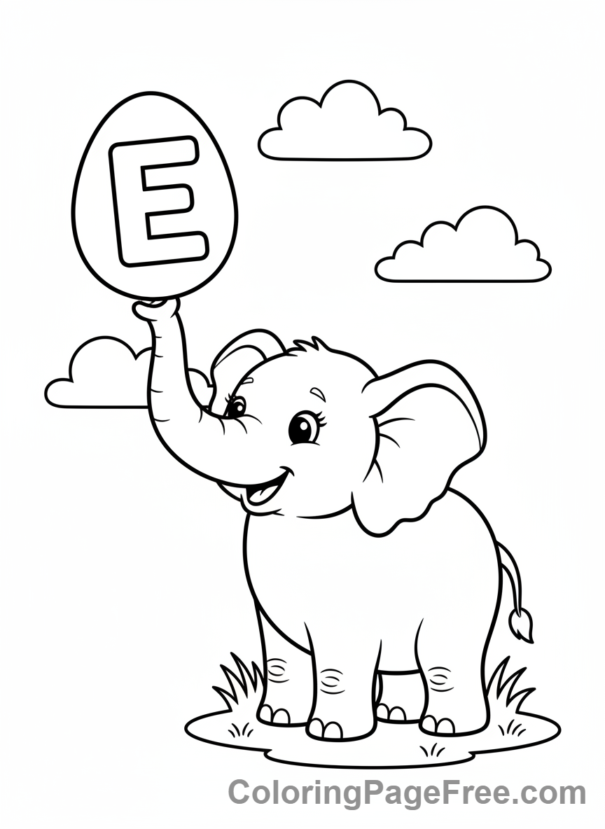 Letter E with elephant and egg coloring page