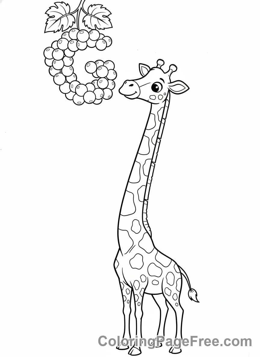 Alphabet G giraffe and grapes coloring page