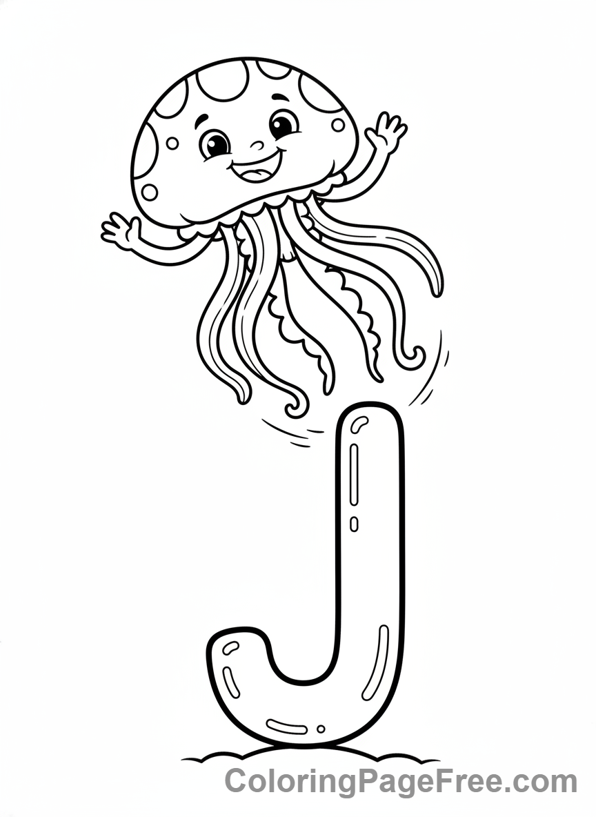 Alphabet coloring page - Letter J Jellyfish Jumping