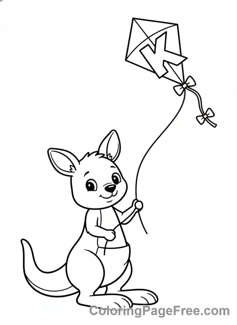 Alphabet coloring page - Letter K Kangaroo Kite