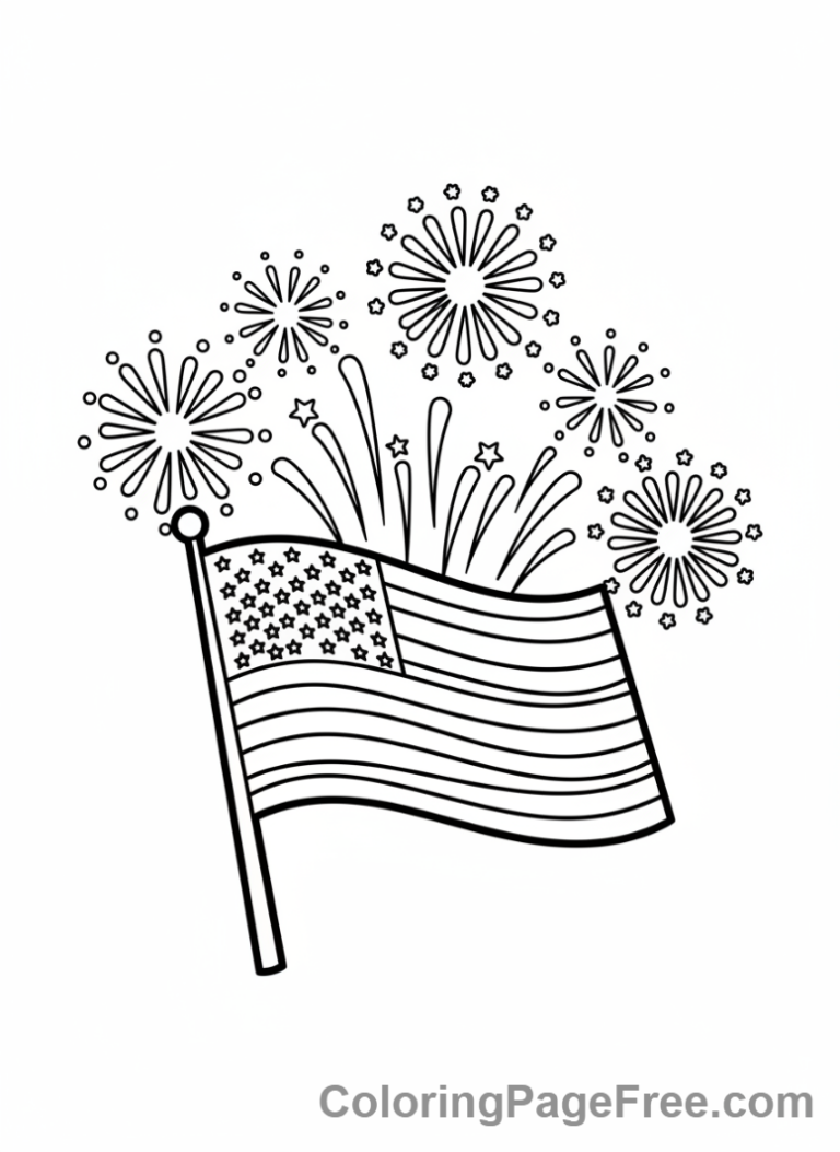 American Flag coloring page - Fireworks Behind Flag
