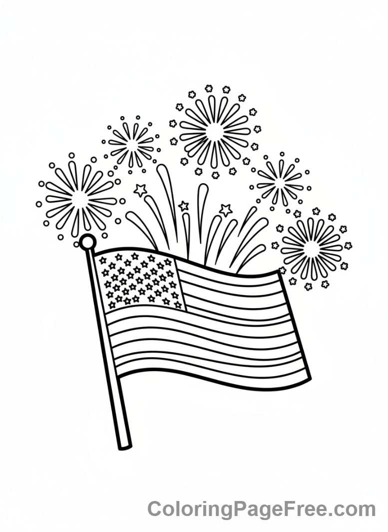 American Flag coloring page - Fireworks Behind Flag
