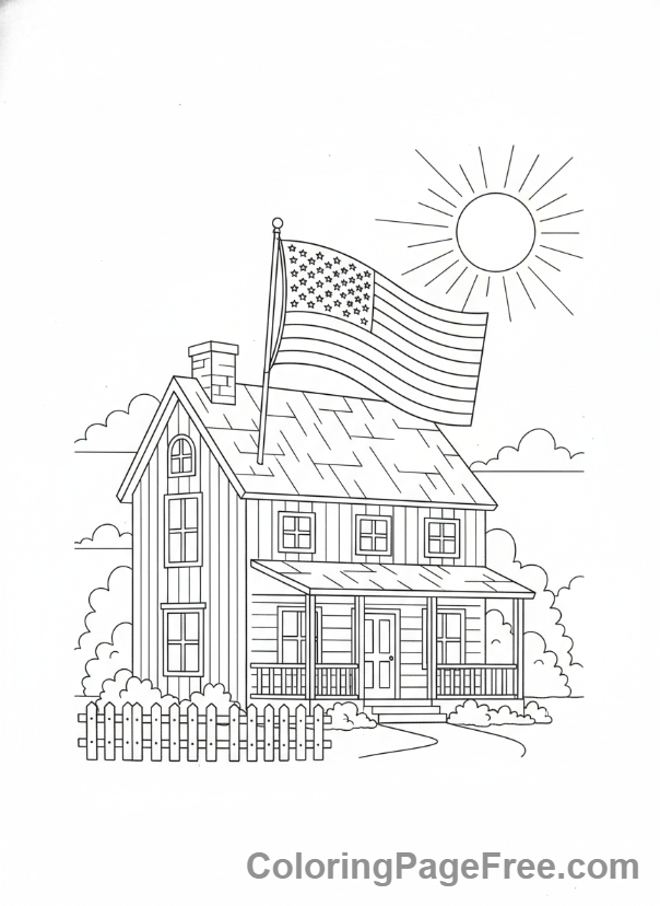 American Flag coloring page - Flag on Farmhouse
