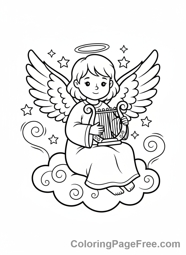 Angel coloring page - Angel playing harp