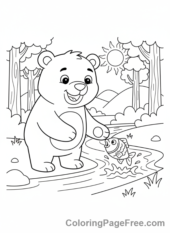 Animals coloring page - Bear catching fish
