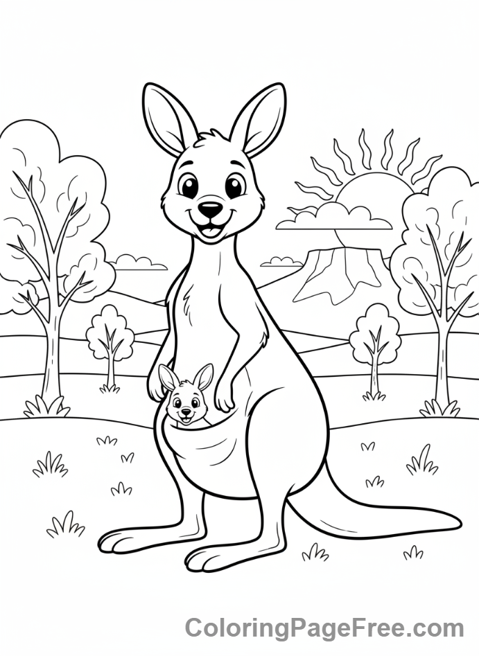 Animals coloring page - Kangaroo with joey