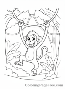 Animals coloring page - Monkey swinging branch