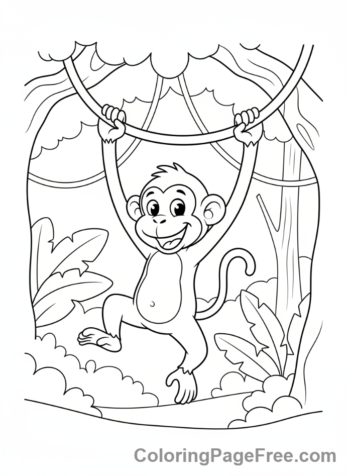 Animals coloring page - Monkey swinging branch