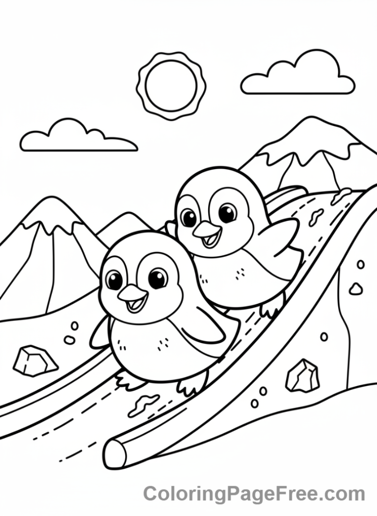 Animals coloring page - Penguins sliding ice