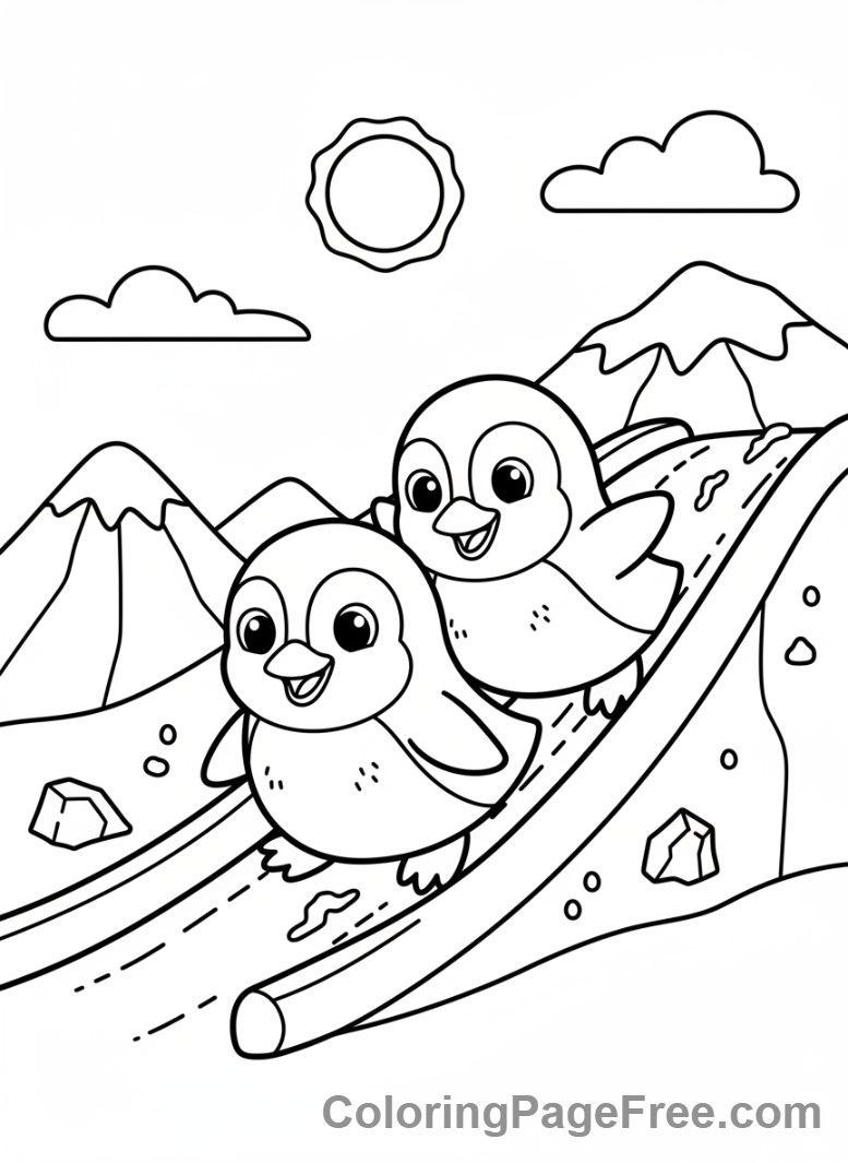 Animals coloring page - Penguins sliding ice