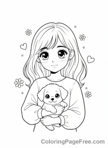 Anime Girl coloring page - Anime girl holding puppy