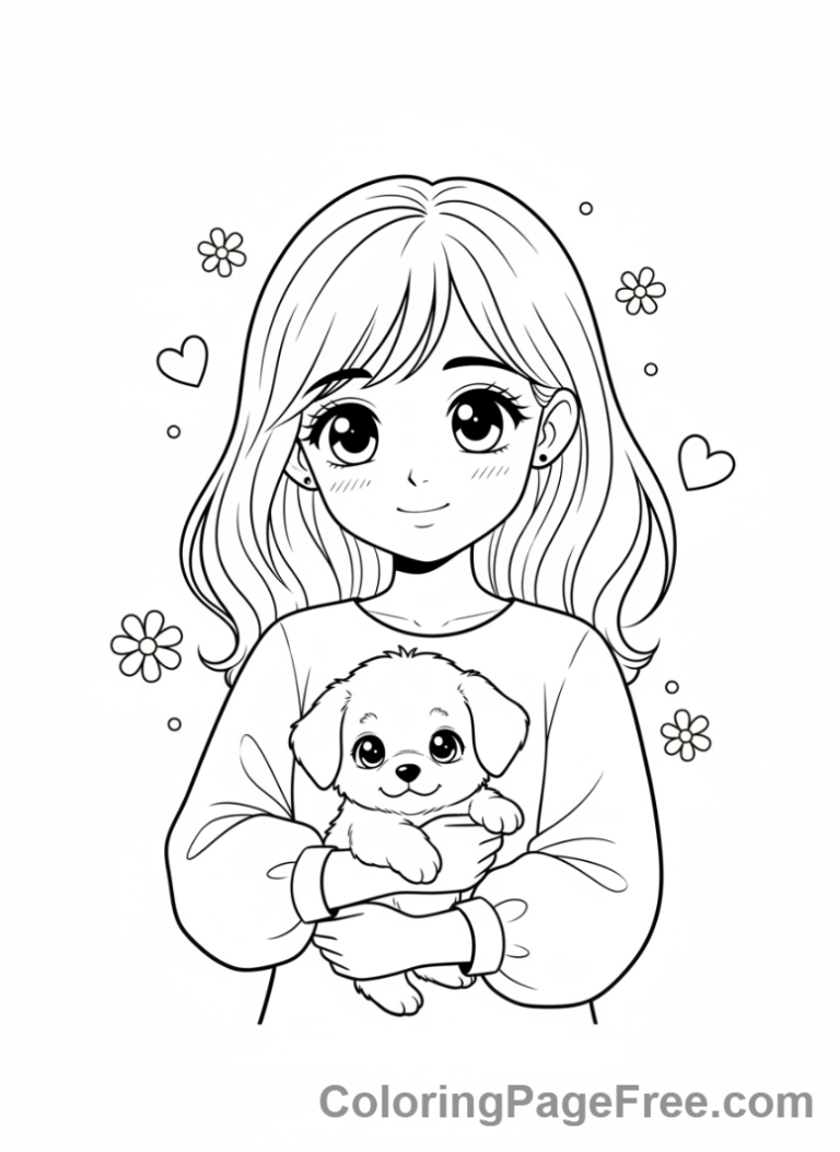 Anime Girl coloring page - Anime girl holding puppy
