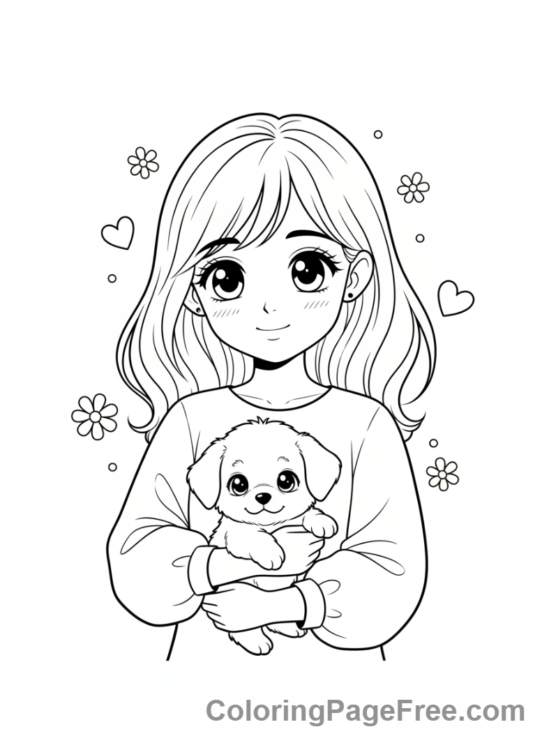 Anime Girl coloring page - Anime girl holding puppy