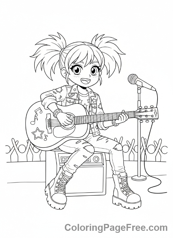 Anime Girl coloring page - Anime girl playing guitar