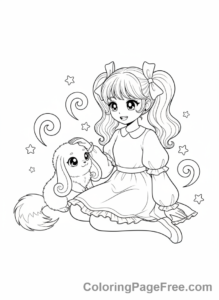 Anime coloring page - Girl with fantasy pet