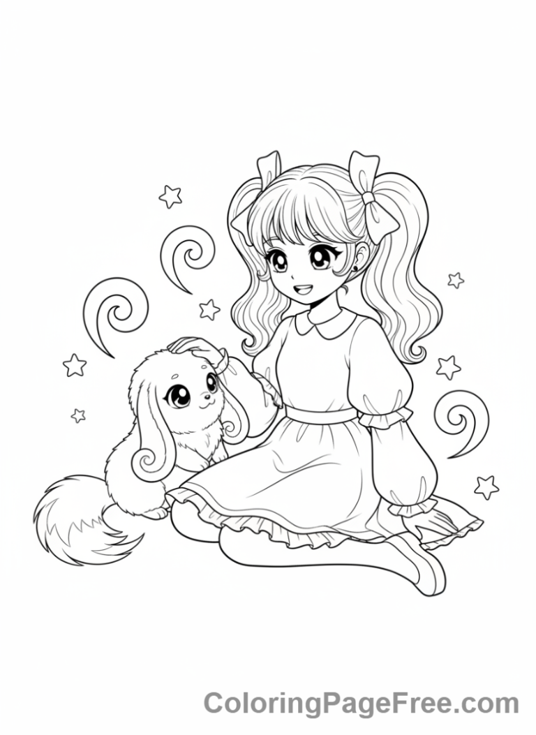 Anime coloring page - Girl with fantasy pet