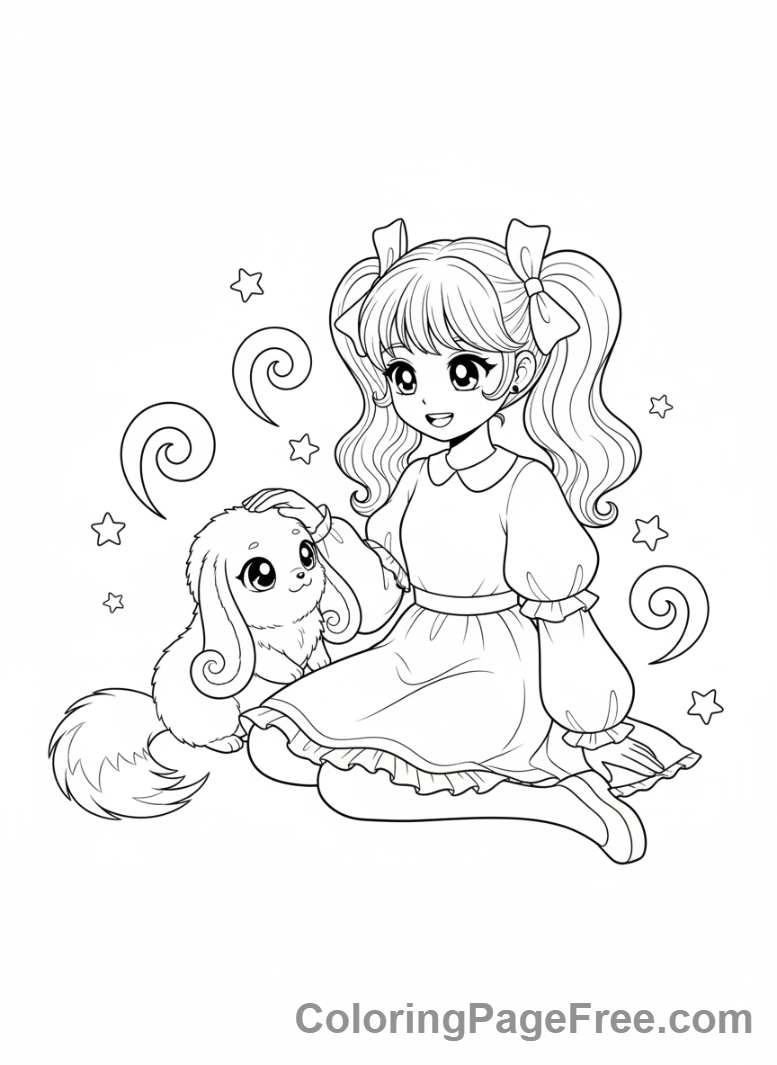 Anime coloring page - Girl with fantasy pet