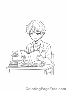 Anime coloring page - Student reading book