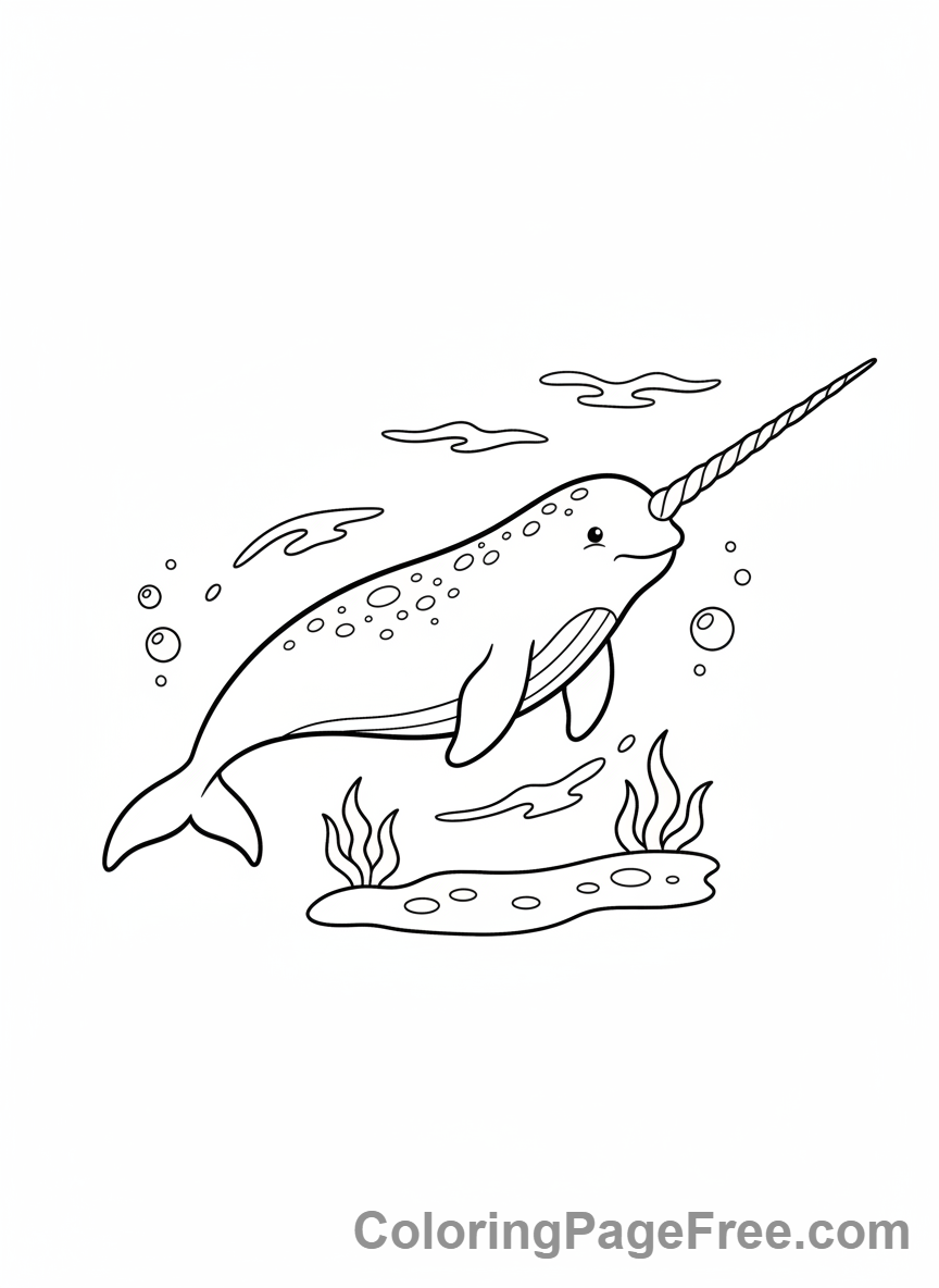 Arctic Animals coloring page - Narwhal swimming water