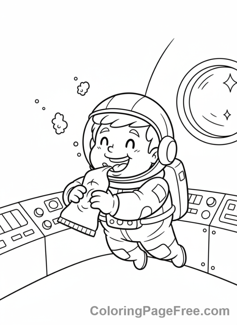 Astronaut eating food in zero gravity coloring page
