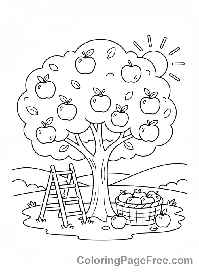Autumn coloring page - Apple tree harvest