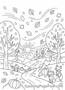 Autumn coloring page - Autumn leaves falling