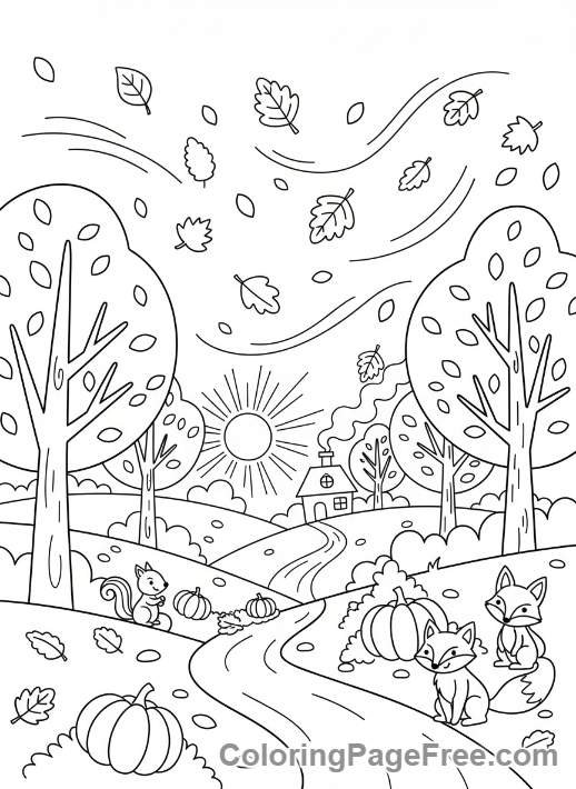 Autumn coloring page - Autumn leaves falling