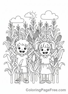 Autumn coloring page - Kids in corn maze