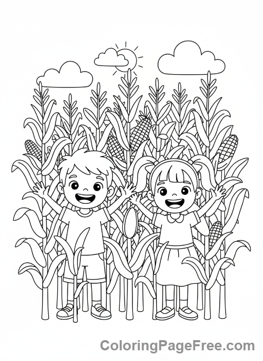 Autumn coloring page - Kids in corn maze