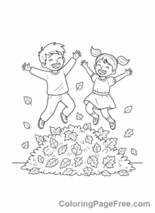 Autumn coloring page - Kids playing leaves